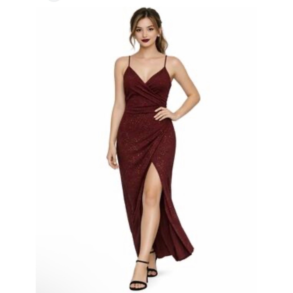 Honey and Rosie Maxi Gown Women Large Burgundy Glitter High Slit Formal